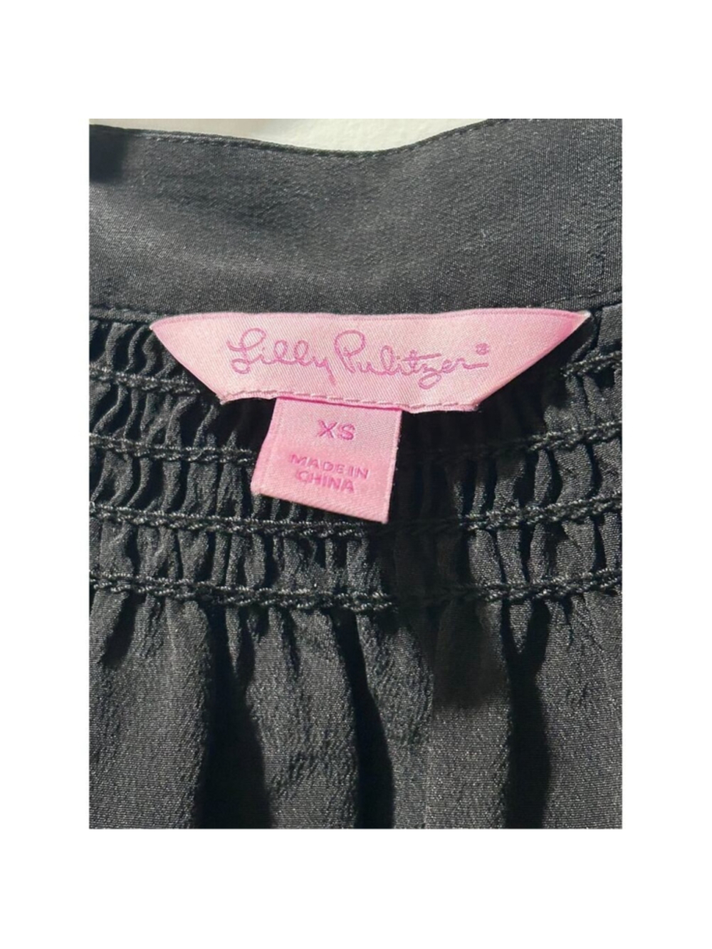 Lilly Pulitzer Black 100% Silk Smocked Peasant Blouse Women's Size XS Long - Picture 7 of 10